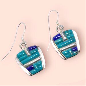 VF 925 Sterling Silver Dangle Earrings Turquoise Lapis Lazuli Inlay Cornrow NEW